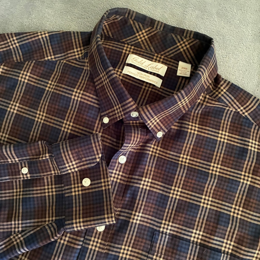 Roundtree & Yorke Gold Label Mens 2XB Brown Blue Plaid Non-Iron Cotton Shirt